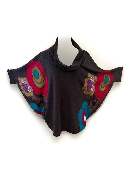 NorthStyle Sweaters - NorthStyle Cowl Neck Poncho Cape Sweater Size XL Brown Floral Artsy Maximalist